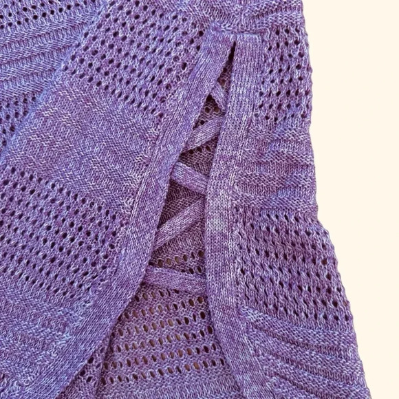 New York & Co Purple Sweater Open Knit Crochet Crew Neck 3/4 Sleeve Pullover M - Picture 5 of 7